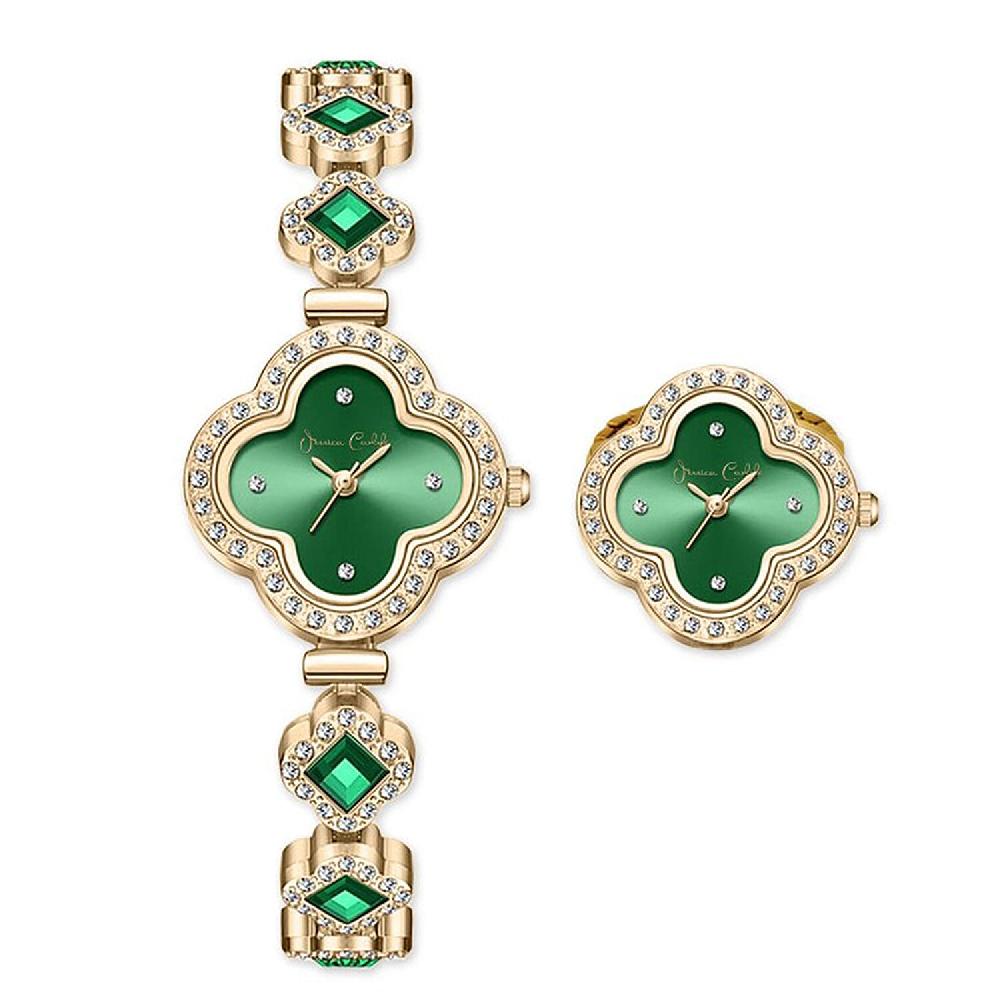 Closeout Jessica Carlyle Green Quatrefoil Watch & Ring Watch Set in Goldtone