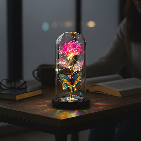 Closeout Pink Rose & Butterlfly In Glass Dome With LED Lights