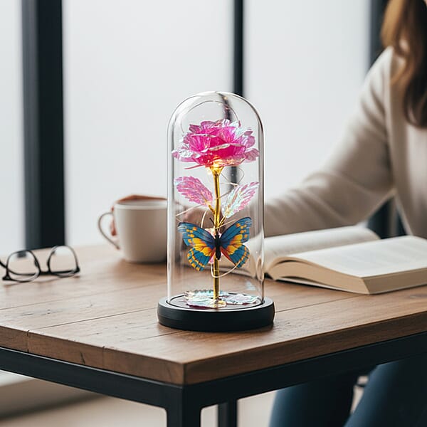 Closeout Pink Rose & Butterlfly In Glass Dome With LED Lights