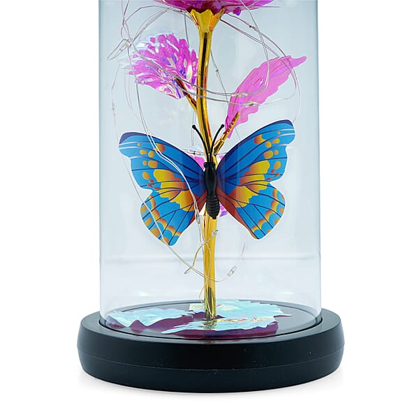 Closeout Pink Rose & Butterlfly In Glass Dome With LED Lights