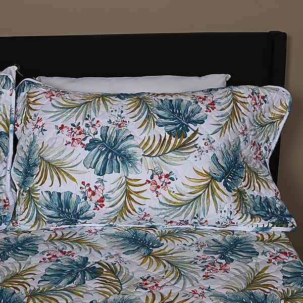 Closeout SEASIDE VILLA 3pc White And Green Leaf Disperse Print Quilt Set (Queen)