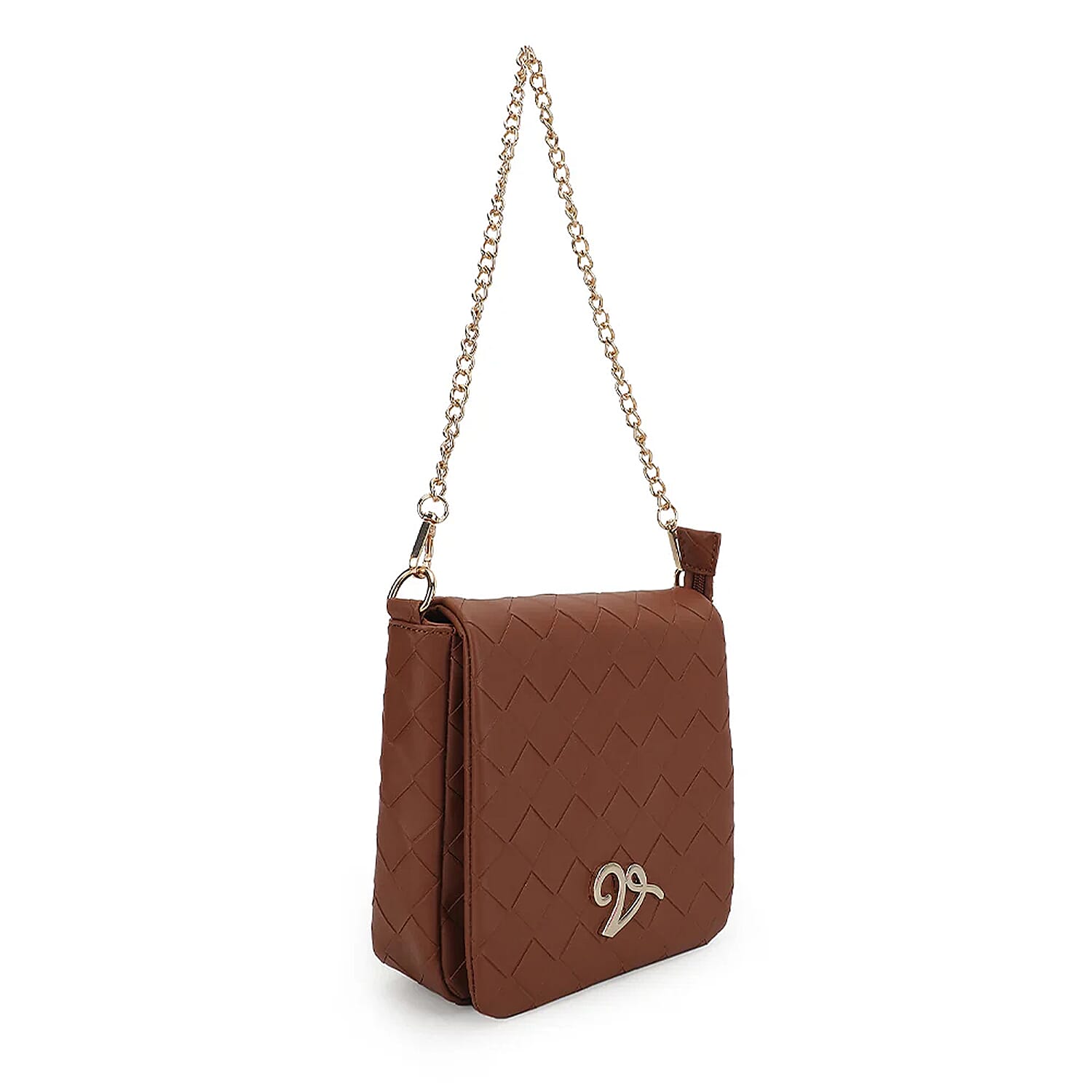 Closeout Vintage Havana Brown Faux Leather Crossbody Bag with Chain Shoulder Strap