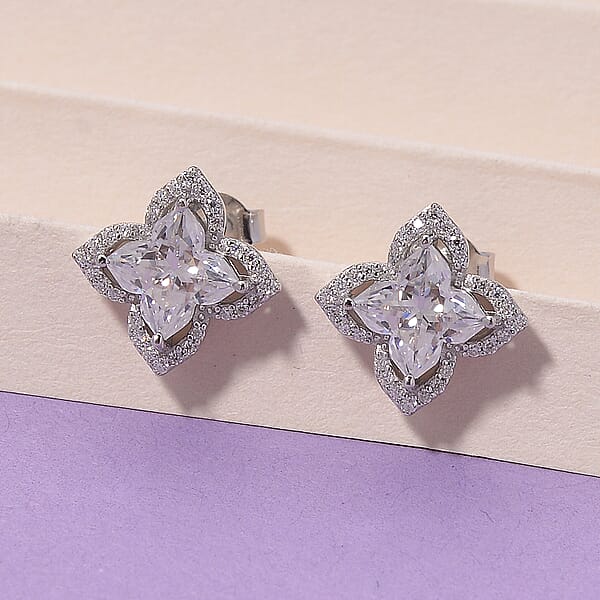 Clover Cut Moissanite 2.40 Ctw Royal Bloom Earrings In Rhodium Over Sterling Silver