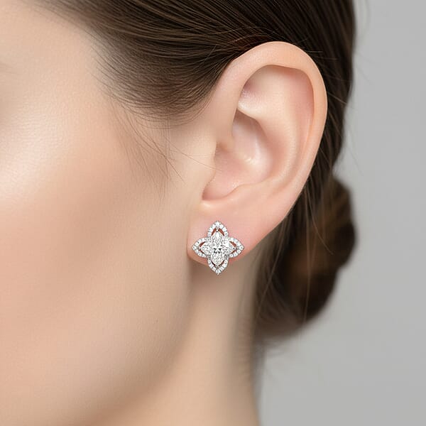 Clover Cut Moissanite 2.40 Ctw Royal Bloom Earrings In Rhodium Over Sterling Silver