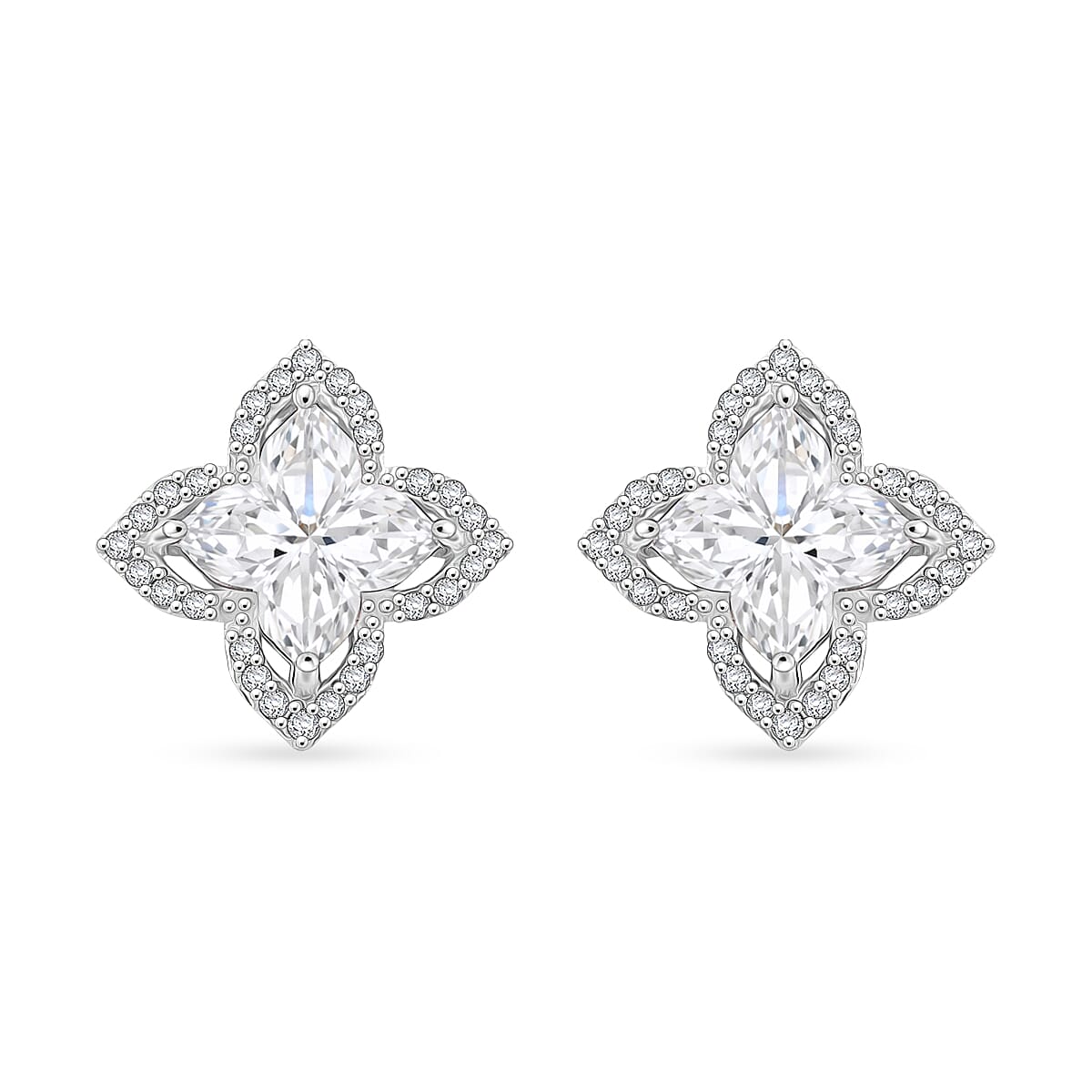 Clover Cut Moissanite 2.40 ctw Royal Bloom Earrings in Rhodium Over Sterling Silver