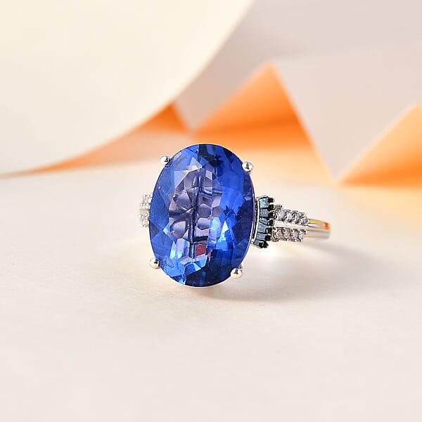 Color Change Fluorite (IR) Blue And White Diamond Ring In Rhodium Over Sterling Silver 11.35 Ctw
