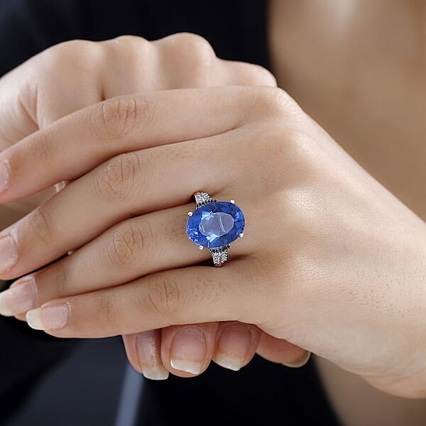 Color Change Fluorite (IR) Blue And White Diamond Ring In Rhodium Over Sterling Silver 11.35 Ctw