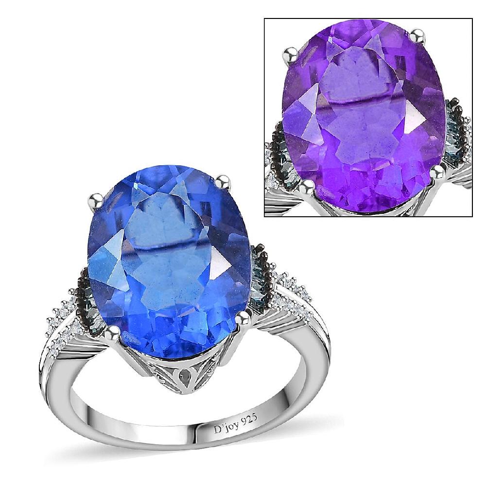 Color Change Fluorite (IR) Blue and White Diamond Ring in Rhodium Over Sterling Silver 11.35 ctw