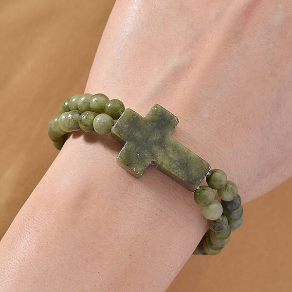 Connemara Marble 130.00 Ctw Line Of Faith Beaded Stretch Bracelet With Cross Charm