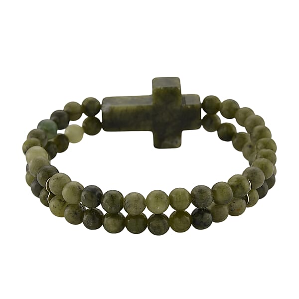 Connemara Marble 130.00 Ctw Line Of Faith Beaded Stretch Bracelet With Cross Charm
