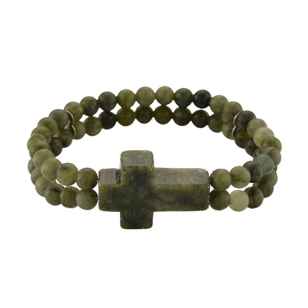 Connemara Marble 130.00 ctw Line of faith Beaded Stretch Bracelet with Cross Charm
