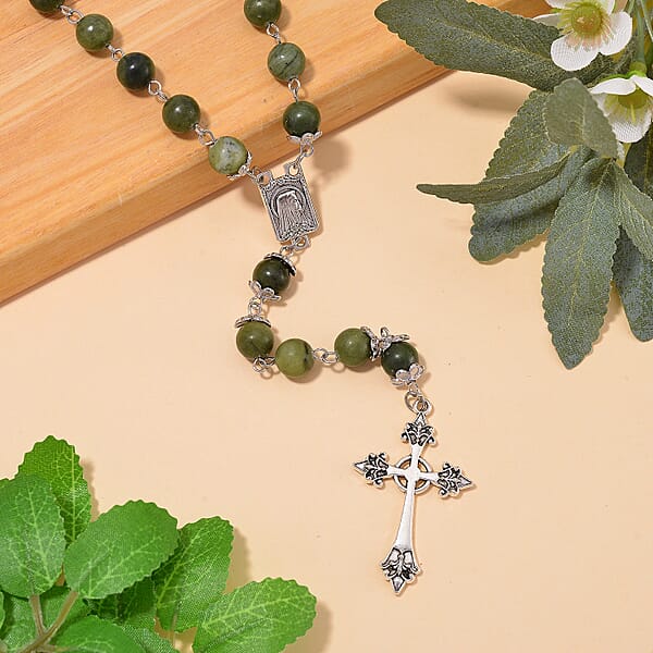 Connemara Marble 144.00 Ctw Beaded Cross Necklace In Silvertone 24 Inches