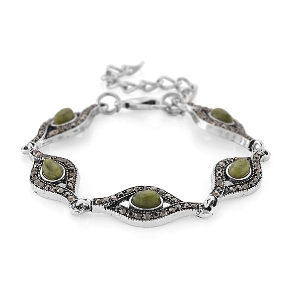 Connemara Marble And Austrian Crystal Beaded 22.00 Ctw Irish Eye Bracelet In Silvertone (6.5-8.5In)