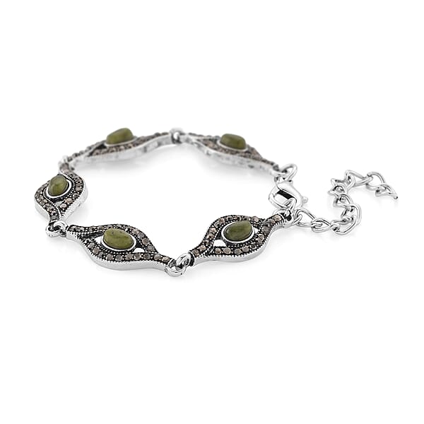 Connemara Marble And Austrian Crystal Beaded 22.00 Ctw Irish Eye Bracelet In Silvertone (6.5-8.5In)