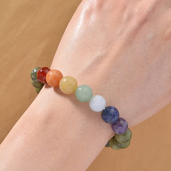 Connemara Marble With Multi Gemstone 140.00 Ctw Seven Chakra Beaded Stretch Bracelet