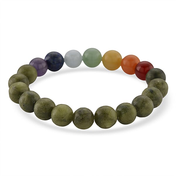 Connemara Marble With Multi Gemstone 140.00 Ctw Seven Chakra Beaded Stretch Bracelet