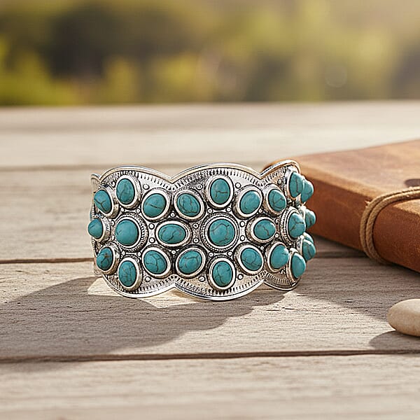 Constituted Blue Howlite 10.00 Ctw Cuff Bracelet In Silvertone (7.50 In)