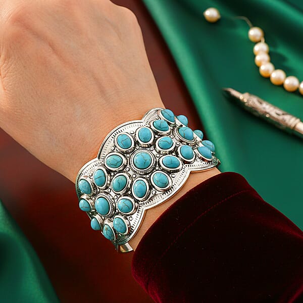 Constituted Blue Howlite 10.00 Ctw Cuff Bracelet In Silvertone (7.50 In)