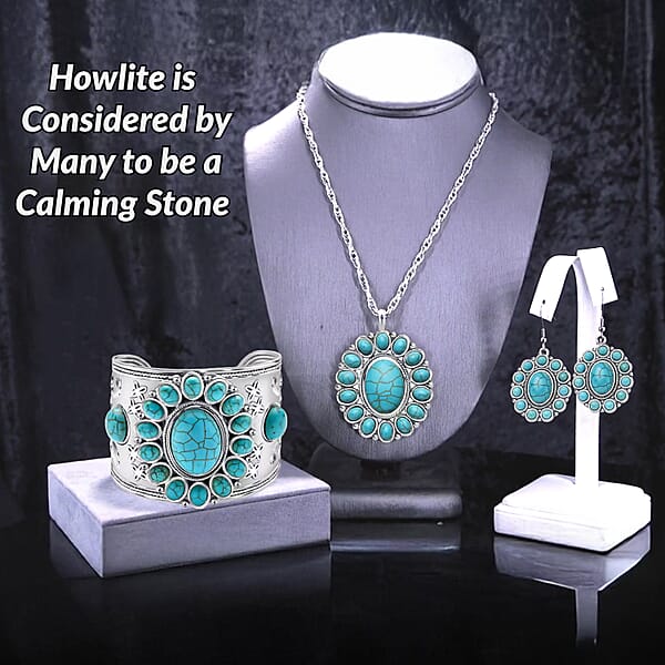 Constituted Blue Howlite 139.00 Ctw Floral Cuff Bracelet (7.50-8.50 In) Earrings And Pendant Necklace 26-30 Inches In Silvertone
