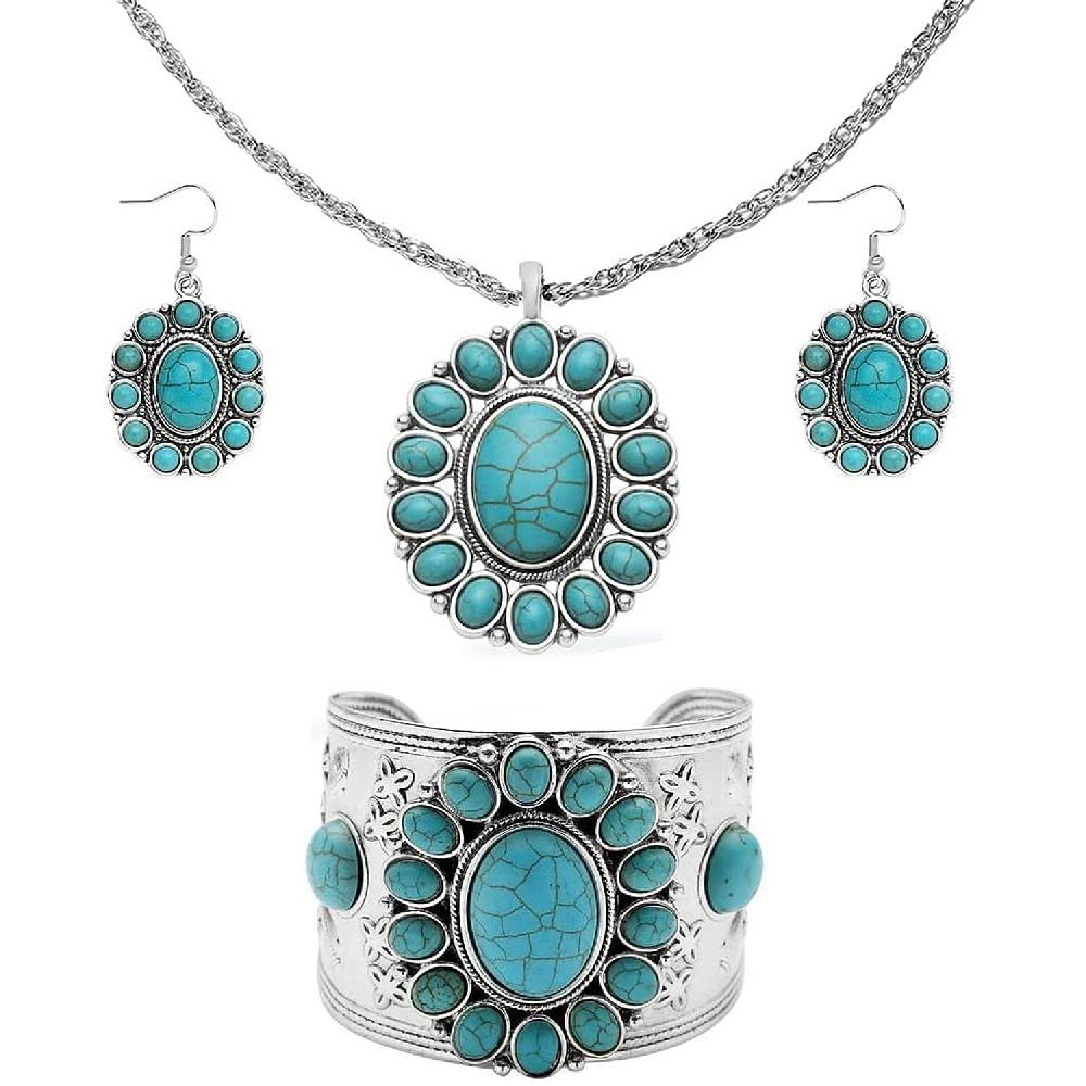 Constituted Blue Howlite 139.00 ctw Floral Cuff Bracelet (7.50-8.50 In) Earrings and Pendant Necklace 26-30 Inches in Silvertone