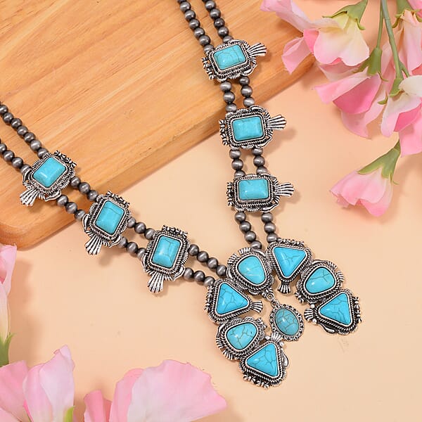 Constituted Blue Howlite 15.00 Ctw Squash Blossom Necklace In Silvertone 24-28 Inches