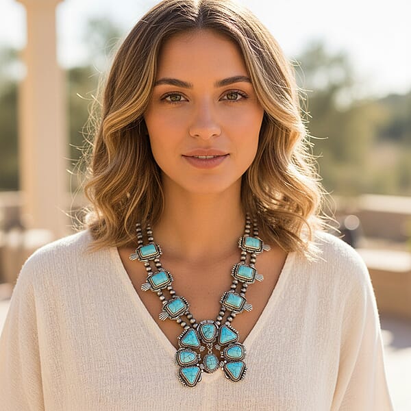Constituted Blue Howlite 15.00 Ctw Squash Blossom Necklace In Silvertone 24-28 Inches