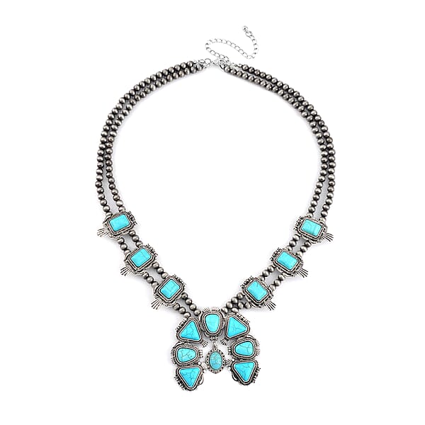Constituted Blue Howlite 15.00 Ctw Squash Blossom Necklace In Silvertone 24-28 Inches