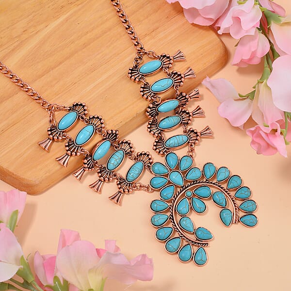 Constituted Blue Howlite 15.00 Ctw Squash Blossom Necklace In Rosetone 24-28 Inches