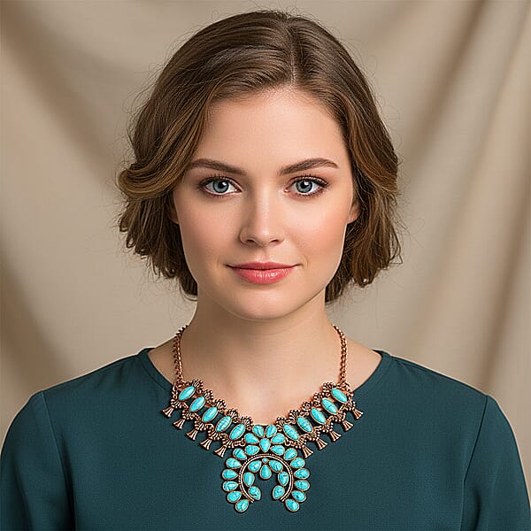 Constituted Blue Howlite 15.00 Ctw Squash Blossom Necklace In Rosetone 24-28 Inches