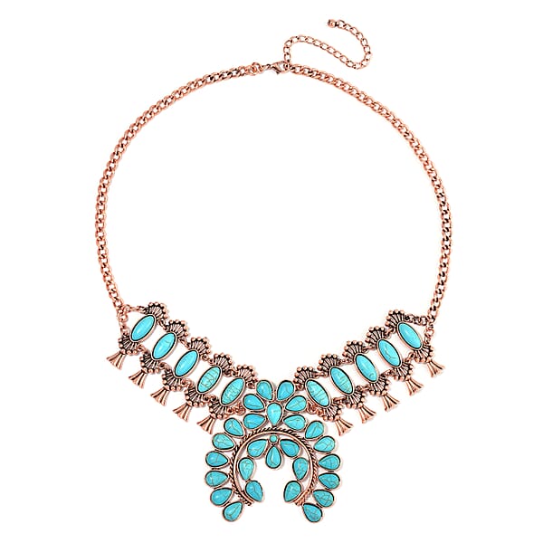 Constituted Blue Howlite 15.00 Ctw Squash Blossom Necklace In Rosetone 24-28 Inches