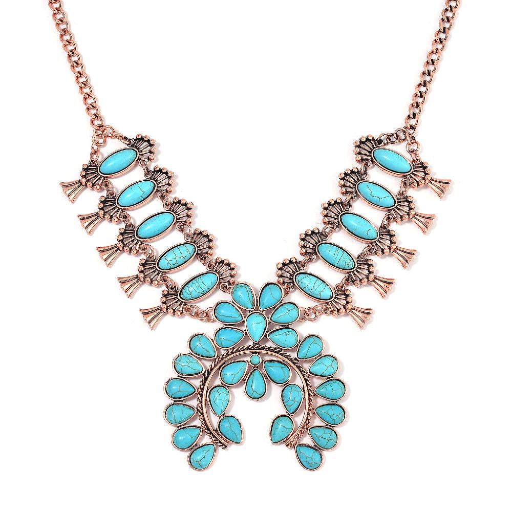 Constituted Blue Howlite 15.00 ctw Squash Blossom Necklace in Rosetone 24-28 Inches