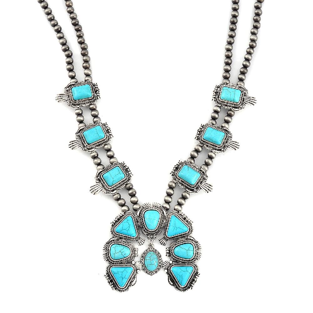 Constituted Blue Howlite 15.00 ctw Squash Blossom Necklace in Silvertone 24-28 Inches