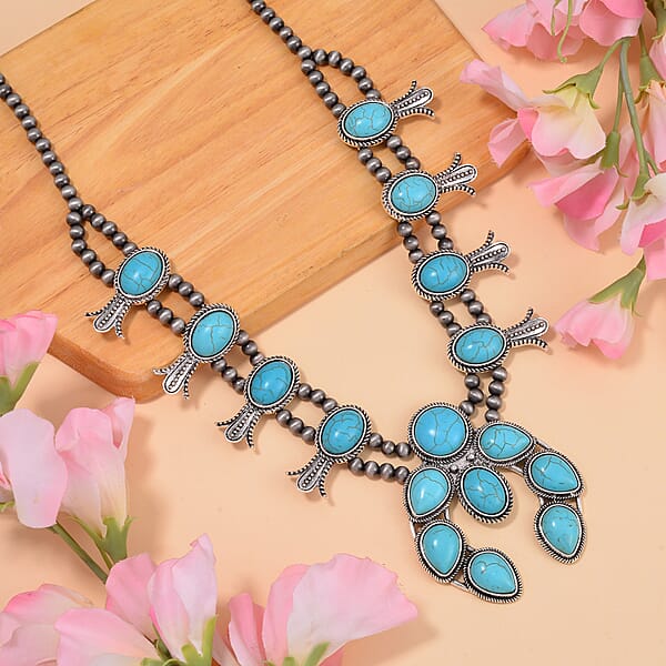 Constituted Blue Howlite 16.00 Ctw Squash Blossom Necklace In Silvertone 24-28 Inches