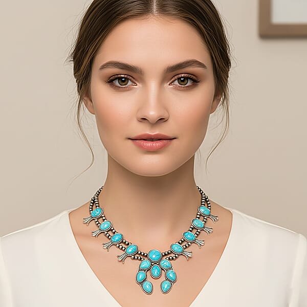 Constituted Blue Howlite 16.00 Ctw Squash Blossom Necklace In Silvertone 24-28 Inches
