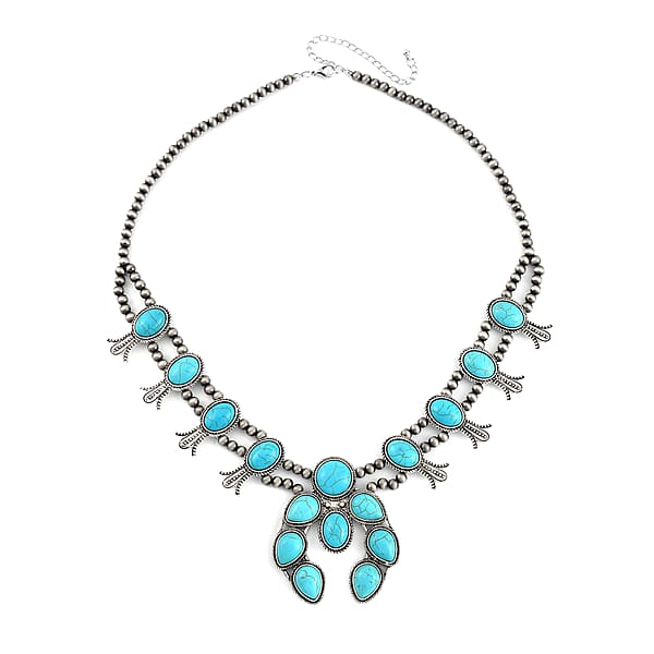 Constituted Blue Howlite 16.00 Ctw Squash Blossom Necklace In Silvertone 24-28 Inches