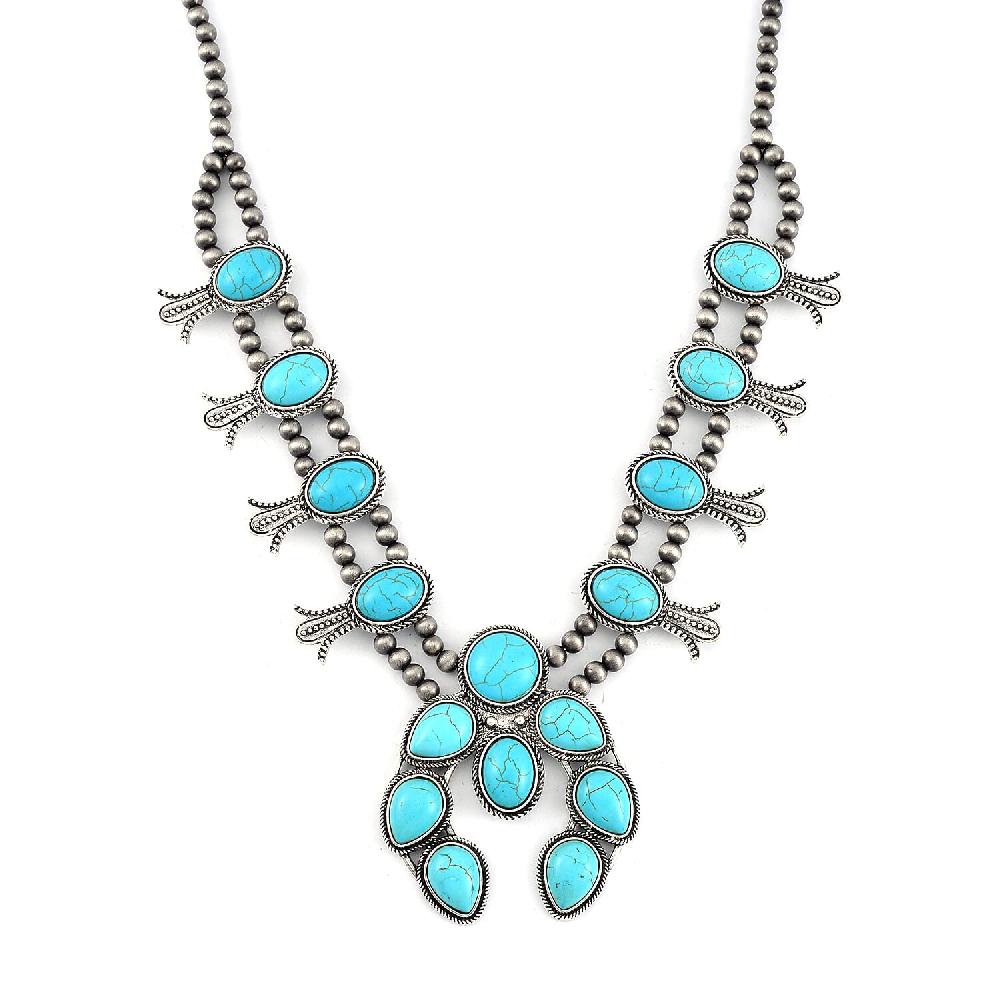 Constituted Blue Howlite 16.00 ctw Squash Blossom Necklace in Silvertone 24-28 Inches