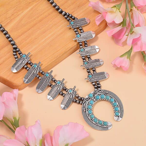 Constituted Blue Howlite 20.00 Ctw Squash Blossom Feather Necklace In Silvertone 24-28 Inches