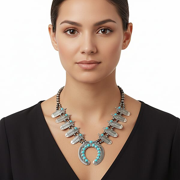 Constituted Blue Howlite 20.00 Ctw Squash Blossom Feather Necklace In Silvertone 24-28 Inches