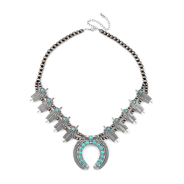 Constituted Blue Howlite 20.00 Ctw Squash Blossom Feather Necklace In Silvertone 24-28 Inches