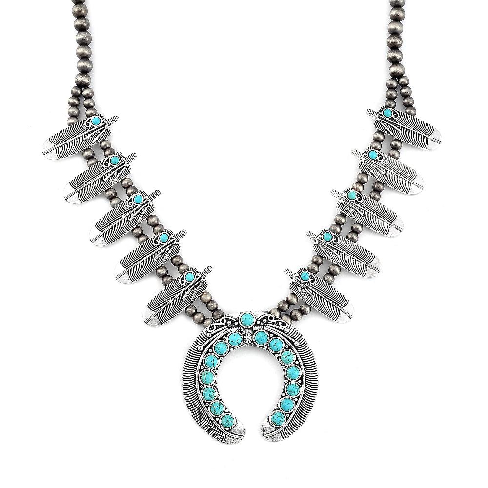 Constituted Blue Howlite 20.00 ctw Squash Blossom Feather Necklace in Silvertone 24-28 Inches