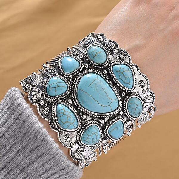 Constituted Blue Howlite 33.00 Ctw Southwestern Cuff Bracelet In Silvertone (7.25 In)