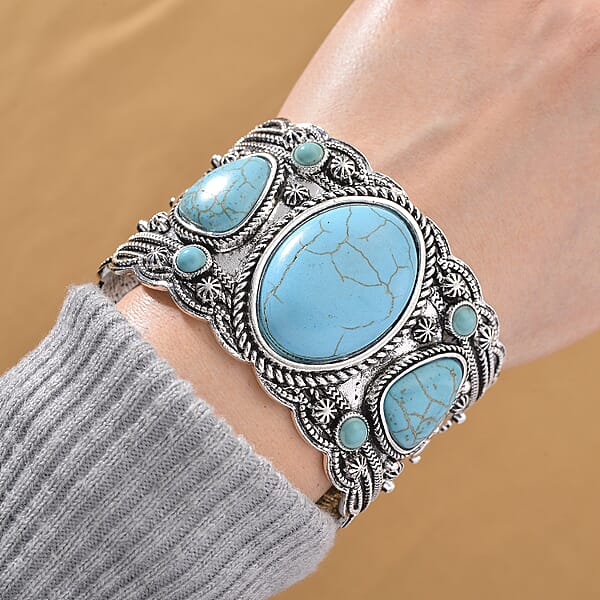 Constituted Blue Howlite 34.00 Ctw Southwestern Cuff Bracelet In Silvertone (7.25 In)