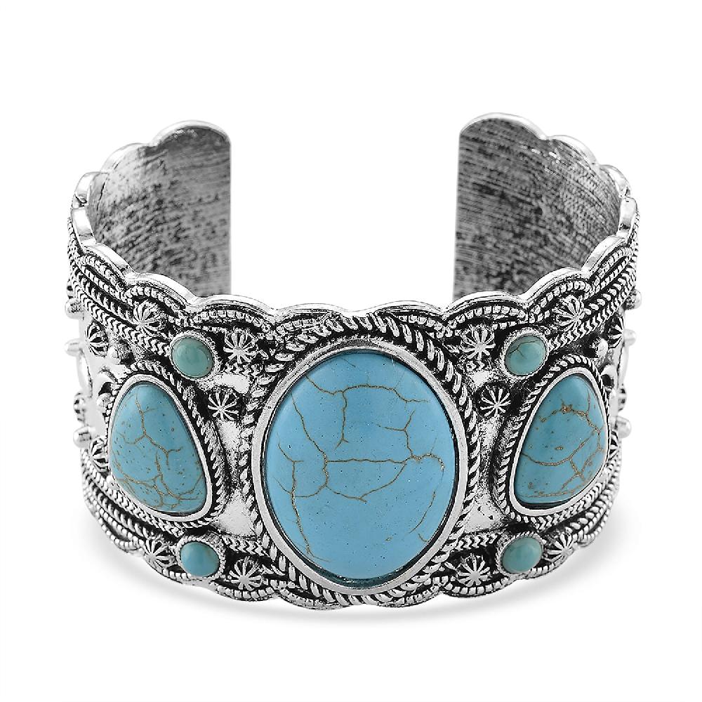 Constituted Blue Howlite 34.00 ctw Southwestern Cuff Bracelet in Silvertone (7.25 In)
