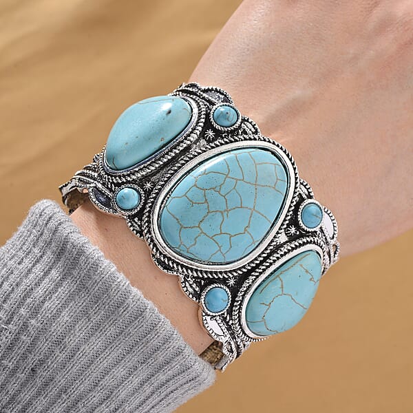 Constituted Blue Howlite 35.00 Ctw Southwestern Cuff Bracelet In Silvertone (7.25 In)