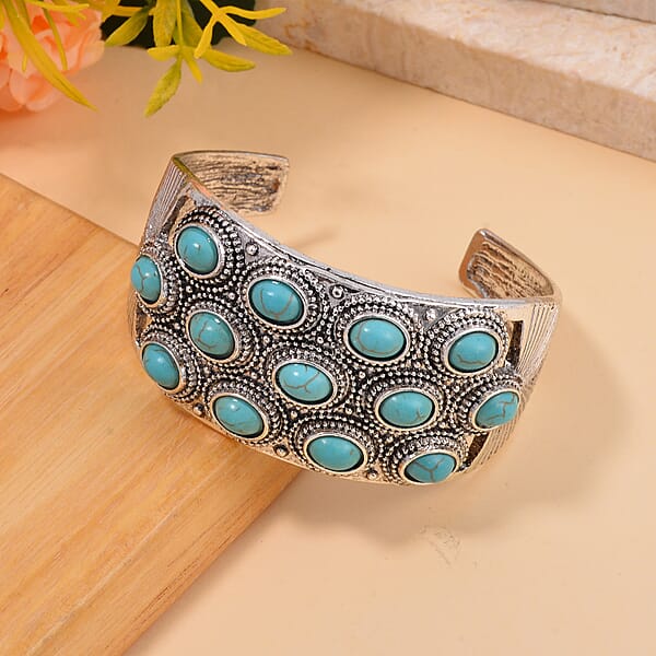 Constituted Blue Howlite 6.50 Ctw Cuff Bracelet In Silvertone (7.50 In)