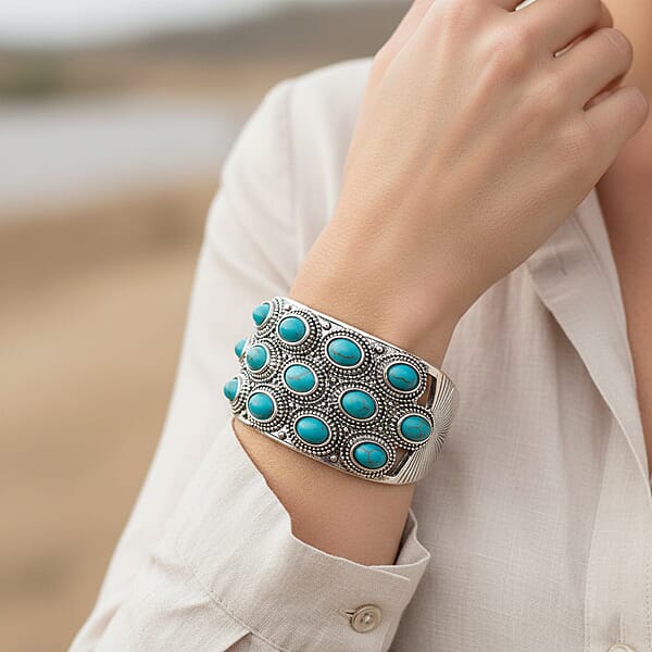 Constituted Blue Howlite 6.50 Ctw Cuff Bracelet In Silvertone (7.50 In)