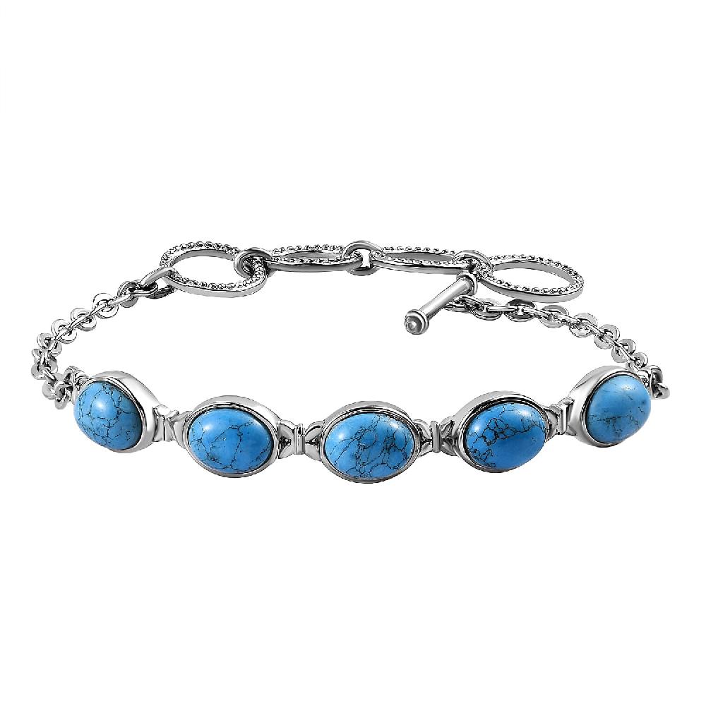 Constituted Blue Howlite 9.30 ctw Toggle Clasp Bracelet in Stainless Steel (6.50 In) Tarnish-Free Waterproof Sweat Proof Jewelry