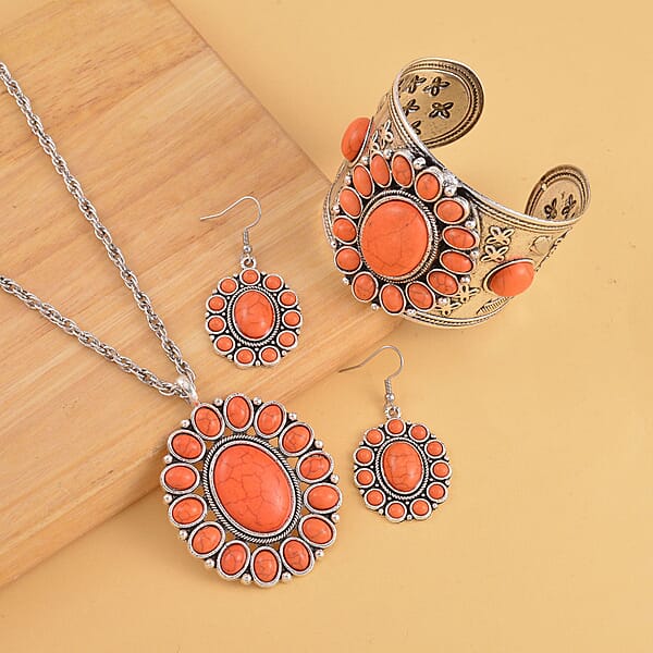 Constituted Orange Howlite 219.00 Ctw Dangle Earrings Cuff Bracelet (7.5-8.5In) And Pendant Necklace 26-30 Inches In Silvertone