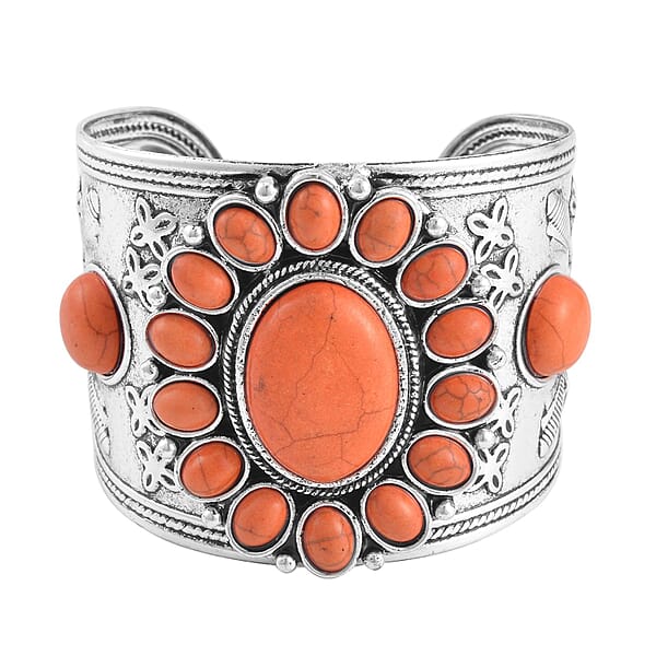 Constituted Orange Howlite 219.00 Ctw Dangle Earrings Cuff Bracelet (7.5-8.5In) And Pendant Necklace 26-30 Inches In Silvertone