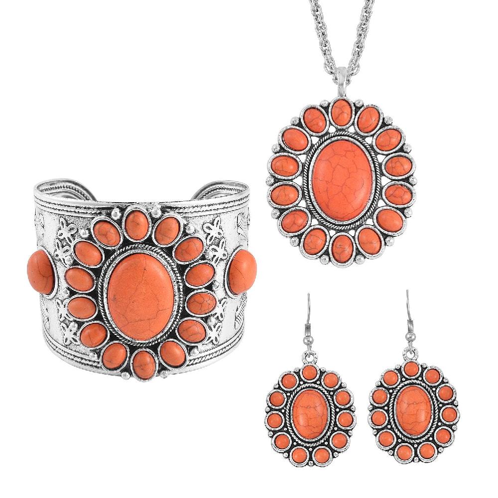 Constituted Orange Howlite 219.00 ctw Dangle Earrings Cuff Bracelet (7.5-8.5In) and Pendant Necklace 26-30 Inches in Silvertone
